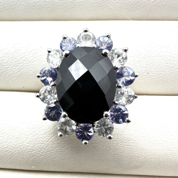 Purple Clear Black Multi-Gemstone Statement Ring Sterling Silver Size 6 - Picture 1 of 5